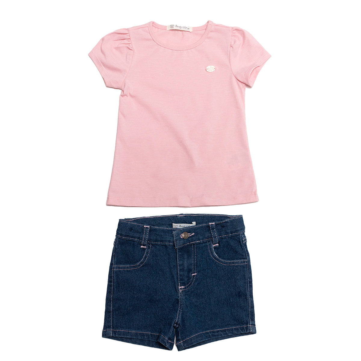 Conjunto 2 piezas e shorts de mezclilla con playera manga corta color rosa de B2N