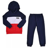 conjunto de dos piezas de sudadera blanco con rojo y pants azul marino