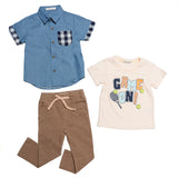 Conjunto para Niño 3 Piezas con Camisa Azul, Playera "Game On" y Pantalón Café | Outfit Casual Infantil