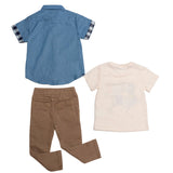 Conjunto para Niño 3 Piezas con Camisa Azul, Playera "Game On" y Pantalón Café | Outfit Casual Infantil