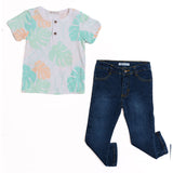 Conjunto de Niño Camiseta Tropical con Hojas + Jeans Mezclilla Azul | Ropa Infantil Fresca y Casual