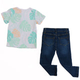 Conjunto de Niño Camiseta Tropical con Hojas + Jeans Mezclilla Azul | Ropa Infantil Fresca y Casual