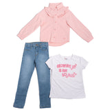 Conjunto 3 piezas de chamarra, playera con estampado y pantalones de mezclilla