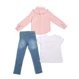 Conjunto 3 piezas de chamarra, playera con estampado y pantalones de mezclilla