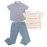 Conjunto de 3 piezas de camisa de rayas, playera de colores y pantalón de mezclilla B2N