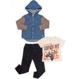 Conjunto de Niño con Camisa de Mezclilla con Capucha + Playera Gamer + Pantalón Negro | Outfit Urbano y Divertido para Bebé