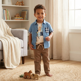 Conjunto para Niño 3 Piezas con Camisa Azul, Playera "Game On" y Pantalón Café | Outfit Casual Infantil