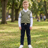 Conjunto de Niño Chaleco Verde con Camisa Blanca + Pantalón Negro | Look Moderno y Semi-formal para Bebé