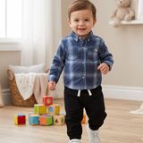 Conjunto de Niño Camisa de Cuadros Manga Larga + Pantalón Azul Marino | Outfit Casual y Elegante para Bebé