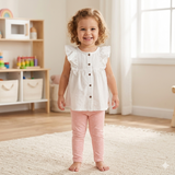 Conjunto 2 piezas blusa manga corta con olanes y pantalón color rosa