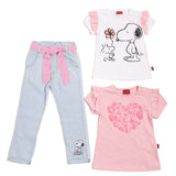 Conjunto de 3 piezas  Playera manga corta playera rosa y blanca, y un pantalón de mezclilla