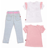 Conjunto de 3 piezas  Playera manga corta playera rosa y blanca, y un pantalón de mezclilla