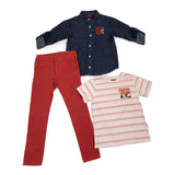 Conjunto de 3 piezas de camisa de mezclilla con bordado de snoopy cool, playera de algodón y pantalones rojos