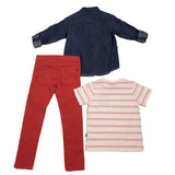 Conjunto de 3 piezas de camisa de mezclilla con bordado de snoopy cool, playera de algodón y pantalones rojos