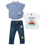 Conjunto Snoopy® para Niño Camisa Azul + Playera Road Trip + Pantalón de Mezclilla | Outfit Casual 3 Piezas