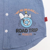 Conjunto Snoopy® para Niño Camisa Azul + Playera Road Trip + Pantalón de Mezclilla | Outfit Casual 3 Piezas