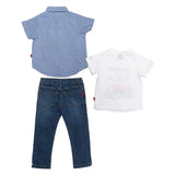 Conjunto Snoopy® para Niño Camisa Azul + Playera Road Trip + Pantalón de Mezclilla | Outfit Casual 3 Piezas