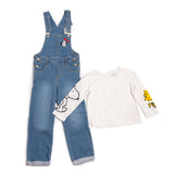 Conjunto de 2 piezas de mono de mezclilla con bordado de Snoppy p playera blanca de manga larga con estampado de Woodstock