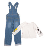 Conjunto de 2 piezas de mono de mezclilla con bordado de Snoppy p playera blanca de manga larga con estampado de Woodstock