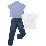 Conjunto de 3 piezas de camisa playera y pantalón de mezclilla con estampado de Snoopy road trip
