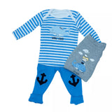 Set de 3 piezas de 2 playeritas estilo marinero y pantalones azul cielo con bordado