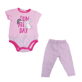 Conjunto de 3 piezas, sudadera, pañalero manga corta  y leggins color rosa con estampado